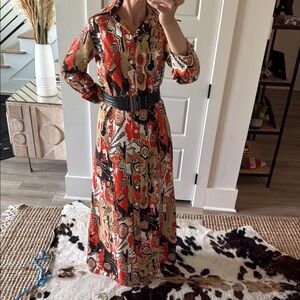 Vintage Multicolor Patterned Button Down Maxi Dress